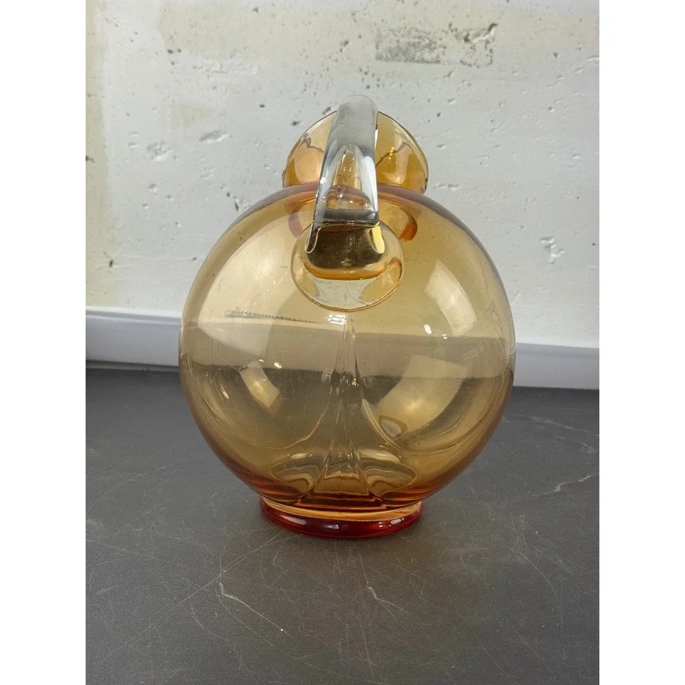 Vintage Cambridge Amber Hand Blown Glass Tilt Pitcher‎ Clear Handle MCM 8.5